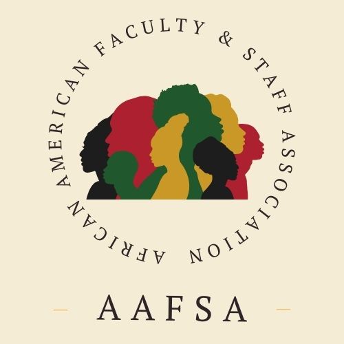 A group of silhouettes of people encircled by the text "African American Faculty & Staff Association."